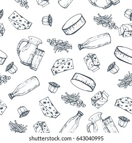 Seamless pattern dairy products  hand drawn  sketches foods  Icons cooking  To design menus  books recipes  packaging  parts for coloring  Isolated vector  Vintage  Healthy Eating 