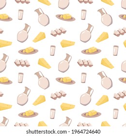 Seamless pattern with dairy products. Repeating icons of cheese, milk, eggs, butter. Print for textiles, paper, menus, cafes, restaurants designs. Vector flat illustration