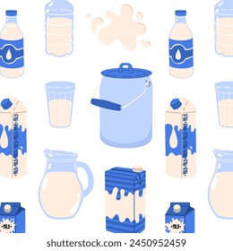 Seamless pattern with dairy products and splashes of milk with drops. World Milk Day. Images for farmers and grocery stores. Vector illustration isolated on transparent background.