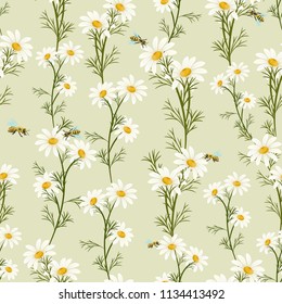 seamless pattern with daisies and bees