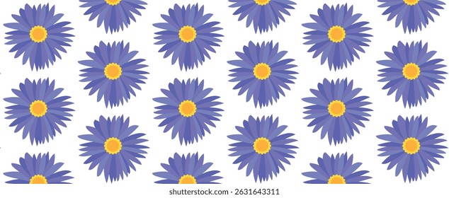 Seamless pattern with daisies, blue purple flowers on white background.