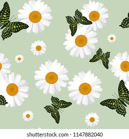 Seamless pattern with daisies and butterflies on a green background. For decorating textiles, packaging and web design. Vector illustration.