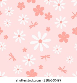 Seamless pattern with daisies, cherry blossom Sakura flower and dragonfly cartoons on pink background vector illustration.