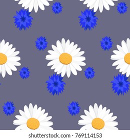 Seamless pattern. Daisies and cornflowers on a blue background. Vector illustration.