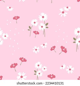 Seamless pattern with daisies and cute flower on pink background vector illustration. Cute floral print.