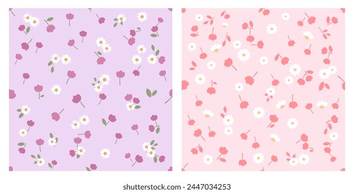 Seamless pattern with daisies and cute flower on purple and pink backgrounds vector. Cute floral print.