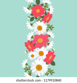 Seamless pattern with daisies and dahlias on a turquoise background. For decoration of textiles, packaging, cover, wallpaper. Vector illustration.