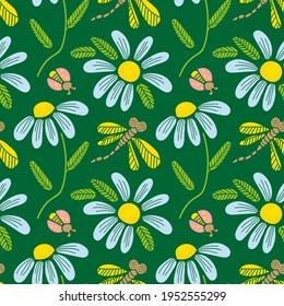 seamless pattern of daisies and dragonflies on a green background