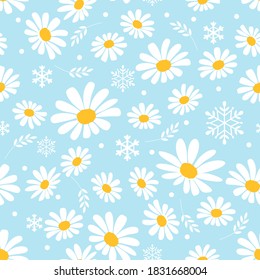 Seamless pattern of daisies flower, branch and snowflakes on blue background vector illustration.