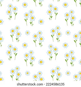 Seamless pattern with daisies flowers and green branches on a white background. Minimalistic spring illustration for packaging, baby clothes and textiles. Delicate cute daisies.