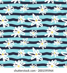 Seamless pattern with daisies flowers on a blue striped background. Fresh summer design, waves and camomiles drawn by hand. Vector illustration.