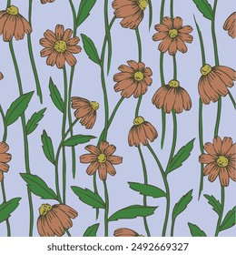 seamless pattern with daisies flowers on a blue background. vintage style print, 70s colors