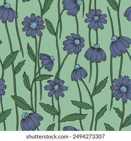 seamless pattern with daisies flowers on a blue background. vintage style print, 70s colors