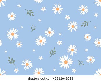 Seamless pattern with daisies , green branches and cute flower on blue background vector illustration. Cute floral print.