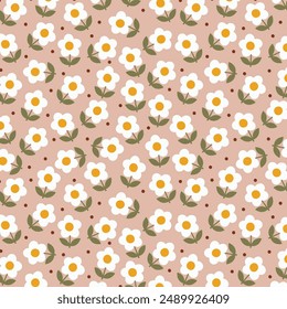 Patrón sin fisuras con margaritas, ramas verdes y linda flor en colorida Ilustración vectorial de fondo. Lindo estampado floral.