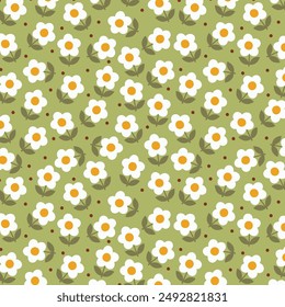 Seamless pattern with daisies , green branches and cute flower on colorful background vector illustration. Cute floral print.