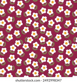 Seamless pattern with daisies , green branches and cute flower on colorful background vector illustration. Cute floral print.