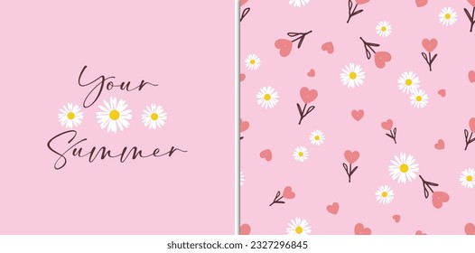 Seamless pattern with daisies and heart flower on pink background vector illustration.