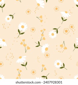 Seamless pattern with daisies and heart shape flower on yellow background vector. 