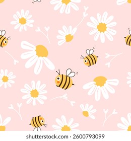 Seamless pattern with daisies, heart shape flower and bee cartoons on pink background vector.