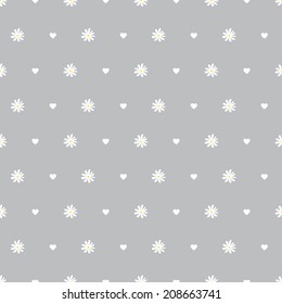 Seamless pattern daisies and hearts on a gray background
