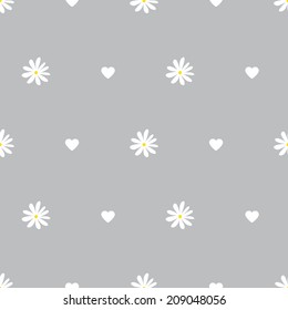 Seamless pattern daisies and hearts on a gray background