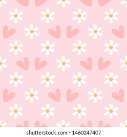 Seamless pattern with daisies and hearts. Romantic print with flowers. Girly vector illustration.