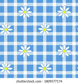 seamless pattern with daisies, horizontal and vertical lines on blue background. Pretty pattern for summer fabrics, textiles, dresses, home textiles, interior design, wallpapers, wrapping papers