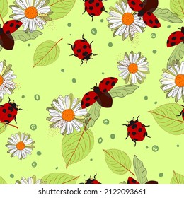 Seamless pattern with daisies and ladybugs