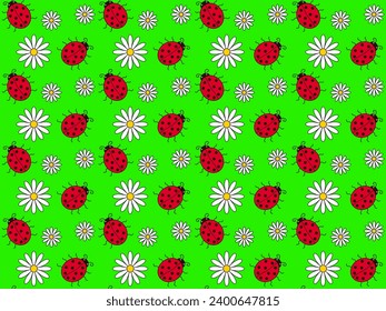 Seamless pattern with daisies and ladybugs