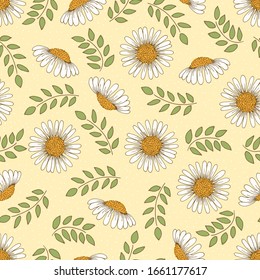 Seamless pattern of daisies and leaves on a yellow polka dot background