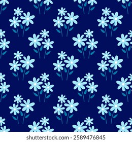 Seamless pattern with daisies in liberty style. Abstract blue flowers on dark blue background. Ditsy print design. Spring, summer romantic blossom flower garden seamless pattern for covers, surfaces