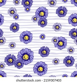 Seamless pattern with daisies and lines. Vector summer illustration suitable for stationery, fabric, wrapping paper and wallpaper.