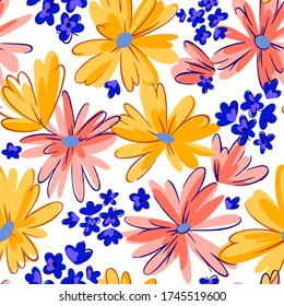 Seamless pattern with daisies. Mixed small and large blooming flower heads ornament. Bright summer botanical background in modern flat design.