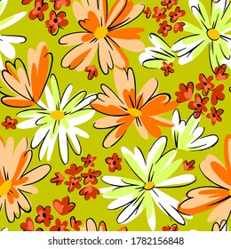 Nahtloses Muster mit Gänseblümchen. Gemischte kleine und große Blütenschmuck. Heller botanischer Hintergrund im modernen Flachdesign.