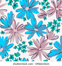 Seamless pattern with daisies. Mixed small and large blooming flower heads ornament. Bright summer botanical background in modern flat design.