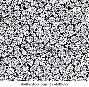 Seamless pattern of daisies on black ground and lilac details, small flowers repeat