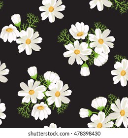 Seamless pattern with daisies on a black background.Floral ornament. Vector illustration.