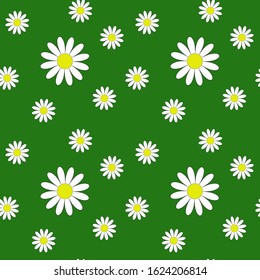 Seamless pattern with daisies on a green background. Flowers of different sizes. Printing on children's textiles. Summer flowers.Nice illustration.Floral print. Vector illustration