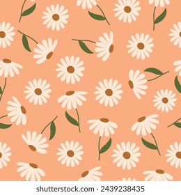 Seamless pattern with daisies on a peach background. Design of fabric, cover, packaging. Summer print. Vector.