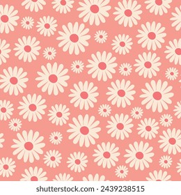 Seamless pattern with daisies on a peach background. Design of fabric, cover, packaging. Summer bright print. Vector.