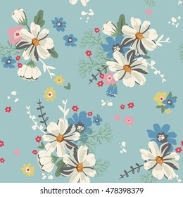 Padrão sem costura com margaridas e outras flores. Fundo floral romântico perfeito para tecido têxtil, papel vintage. Ilustração vetorial.