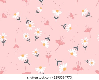 Seamless pattern with daisies and pink flower garden background vector illustration. Cute floral print.  