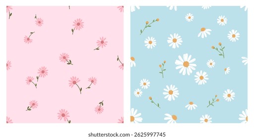 Seamless pattern with daisies and pink flower on pink and blue backgrounds vector. Cute floral print.