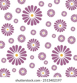 Seamless pattern with daisies. Purple flowers on white background. Vector illustration. Fabric pattern.