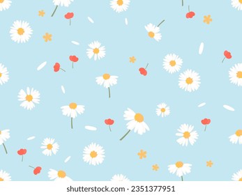 Nahtloses Muster mit Gänseblümchen, roter Blume und gelber Blume auf blauem Hintergrund, Vektorgrafik. Frische Blumenmuster. 