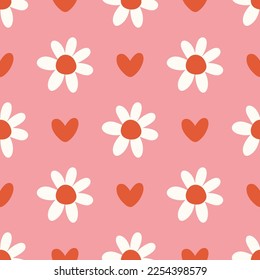 Seamless pattern with daisies and red hearts