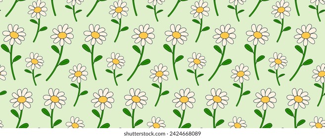 Seamless pattern with daisies in retro groovy style. Vector, abstract background with cartoon plants.