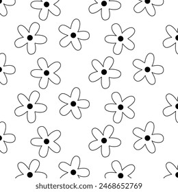 Seamless pattern with daisies, simplified hand-drawn background, vector doodle, trendy monochrome print