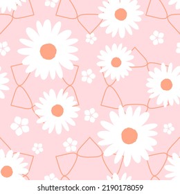 Seamless pattern with daisies and small flower on pink background vector illustration. Cute floral print.